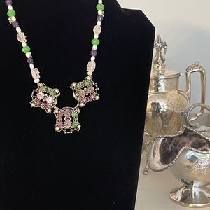 Triple pendant necklace with green, lavender and purple cabochon amethyst stones